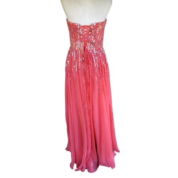 Jolene Stunning Coral Sequin Rhinestone Corset Back Strapless Gown Size 8 - Picture 4 of 7